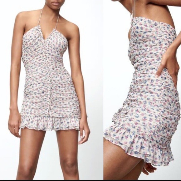 ZARA Metallic Floral Ruched Halter Mini Dress women’s XS NWT - Picture 3 of 15